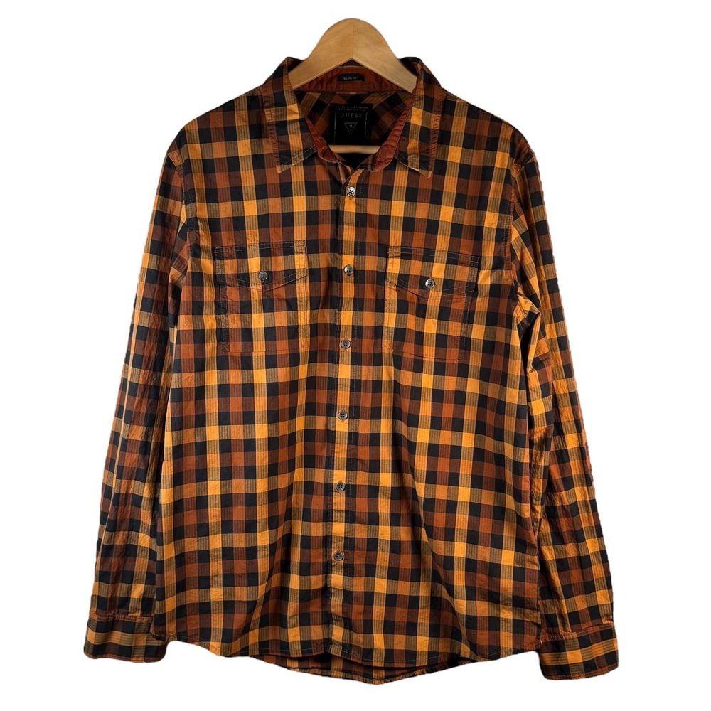 Guess Men's L Brown Orange Plaid Shirt Slim‎ Fit Heritage Retro Casual